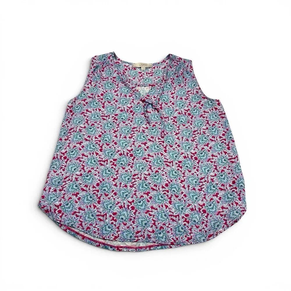 LOFT Sleeveless Floral Blouse Tie V-Neck Lightweight Shirt Layering Flowy Top M